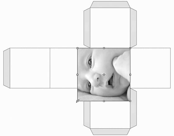 Open the template in your editing program, followed by the images that you want to put on your cube. If your images aren’t square, use your software’s Crop tool to change their shape, then drag the images one at a time onto your cube template. 