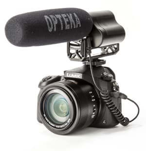 Black Lumix camera with an Opteka microphone attachment on top