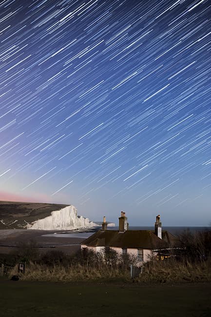 60x 20sec exposures (totalling 20mins) were ‘stacked’ to create this star-trail shot of the Seven Sisters in East Sussex