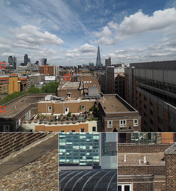 Olympus 7-14mm 40MP sample, View of London cityscape from a rooftop, with parts enlarged details showing on the bottom of the image