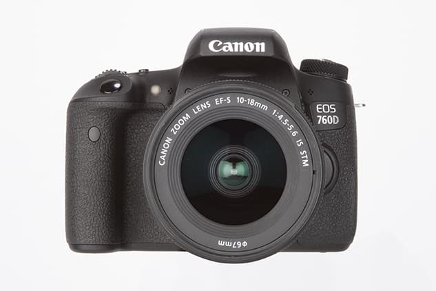 A front view of the Canon EOS 760D clearly showing the mode dial on the top corner of the body