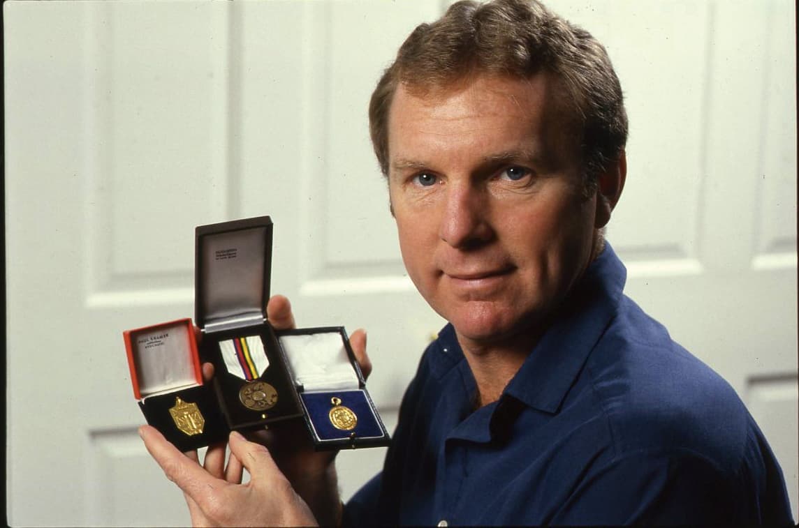 The late Bobby Moore displays a small selection of the medals he collected throughout his footballing career