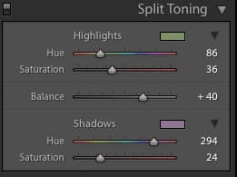 Split toning sliders