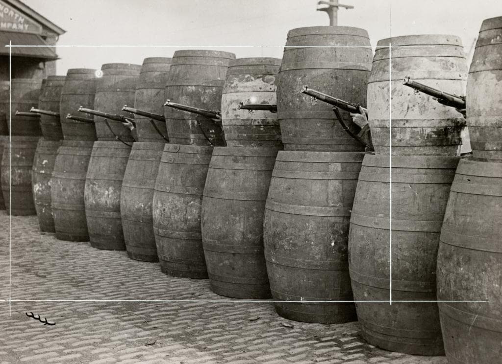 Barricade made from barrels, 1916 © Sean Sexton Collection