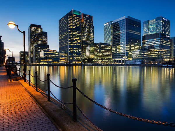 In this night image of London’s Canary Wharf, the lights give a new look (Olympus OM-D E-M1, 12mm, 8sec at f/8, ISO 200, tripod)