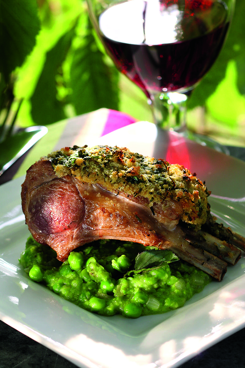 Herb Crusted Rack of Lamb with Pea, Mint & Shallot Sauce.