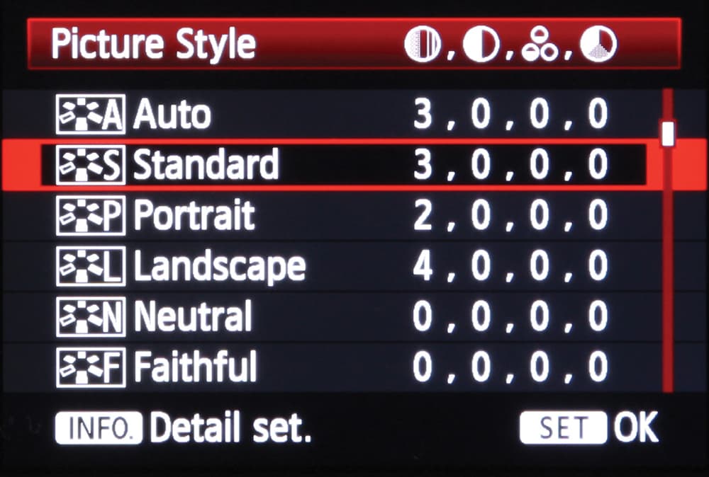 Canon DSLR picture styles menu