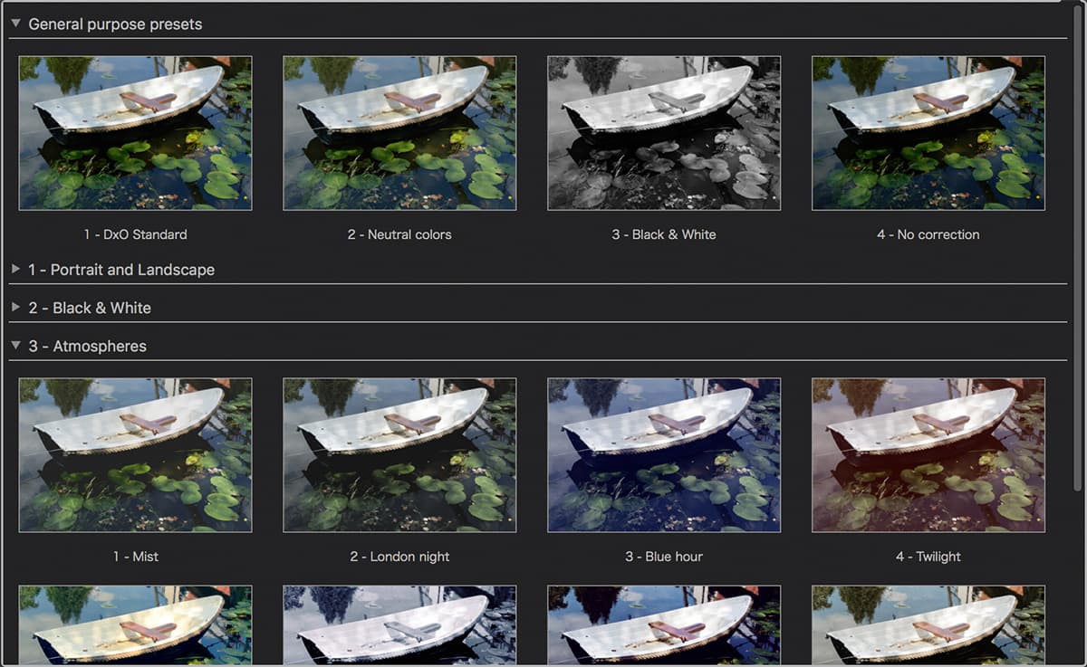 You can make manual adjustments to your images, or you can select one of OpticsPro’s many preset image effects