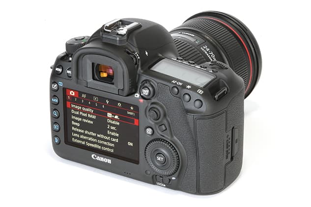 Canon 5D Mark IV with Canon 24-70 f/2.8 lens, rear view with menu on LCD display