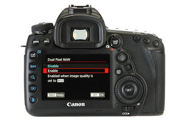 Canon 5D Mark IV rear view with LCD active displaying Dual Pixel Raw option