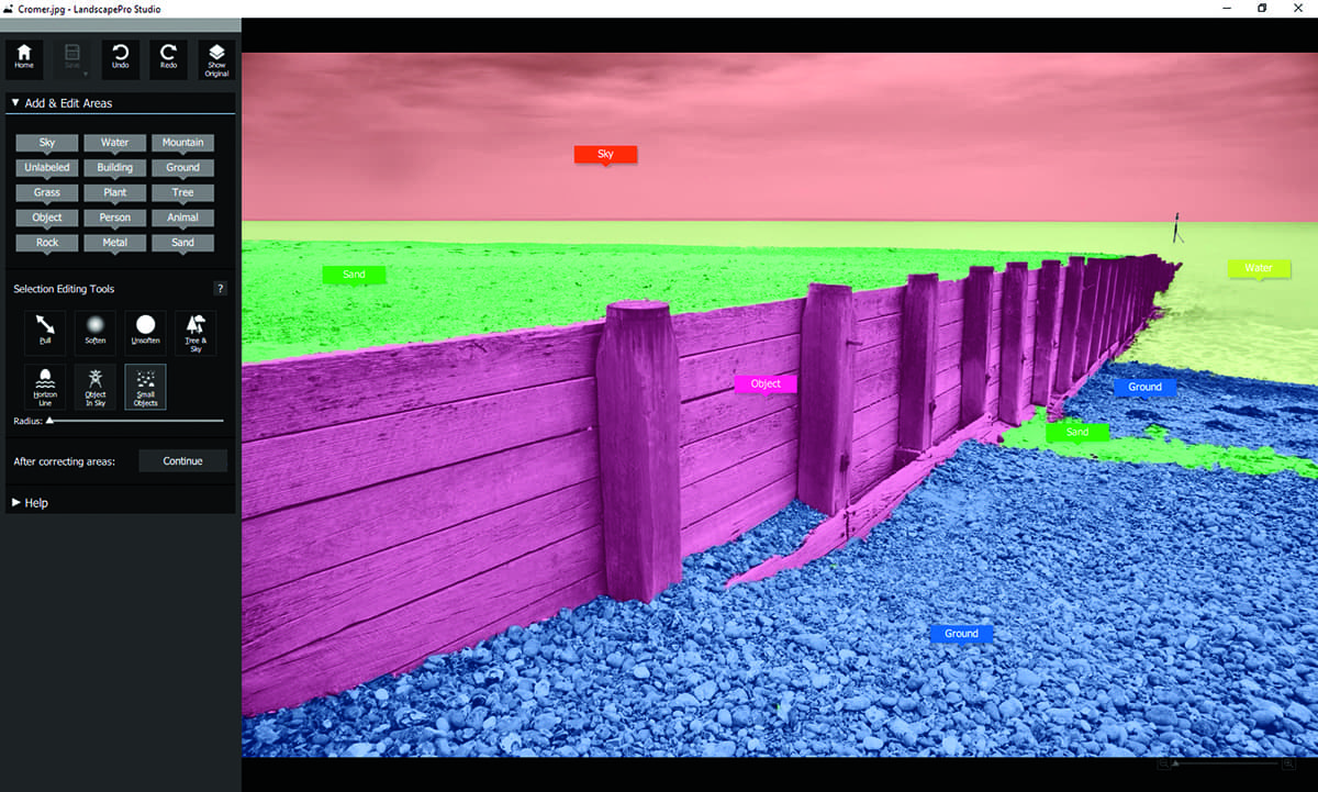 LandscapePro turns the workflow on its head by requiring different elements within the image to be selected before editing takes place
