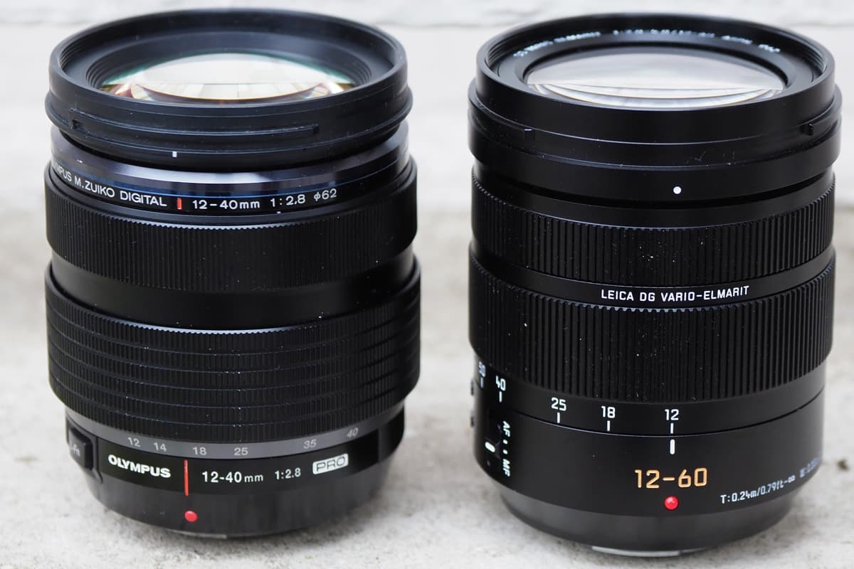 Panasonic's new 12-60mm f/2.8-4 is almost exactly the same size as the Olympus 12-40mm f/2.8 (left)