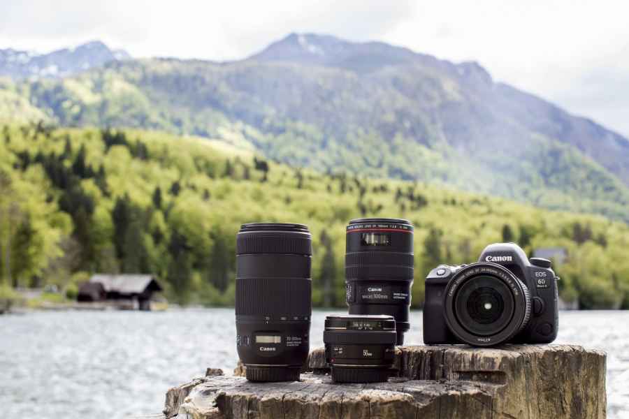 Canon EOS 6D Mark II Camera and attachments sat on a log with a lake behind