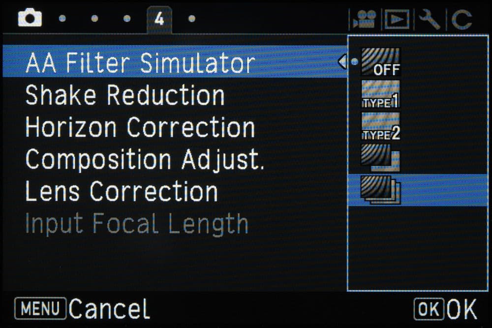 Pentax Anti-aliasing filter simulator bracketing screen