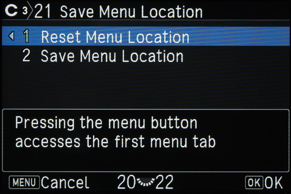 Pentax Save menu location screen
