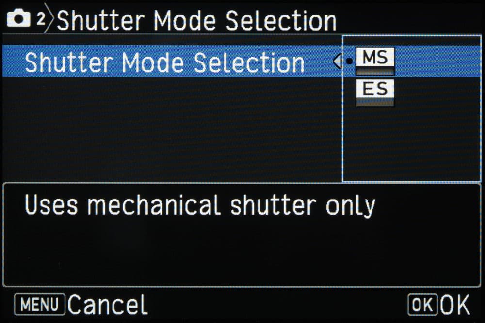 Pentax shutter mode selection screen