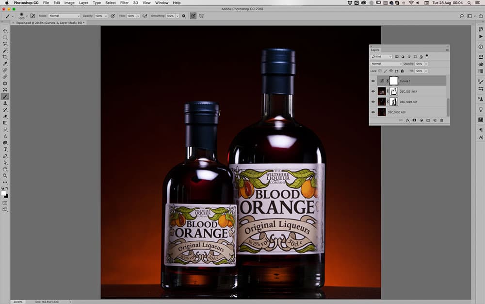 Composite light screen of final three images of bottles together