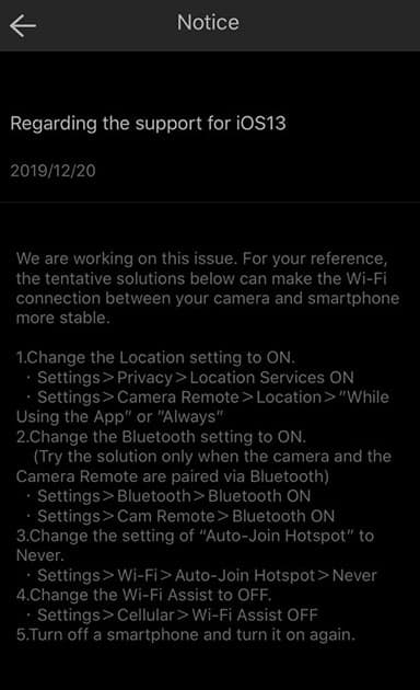 Fujifilm camera remote iOS 13 notice
