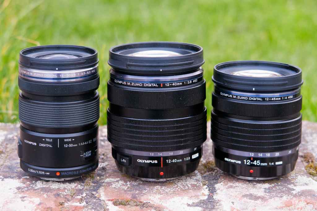 Olympus 12-50mm f/3.5-6.3, 12-40mm f/2.8, and 12-45mm f/4 side-by-side