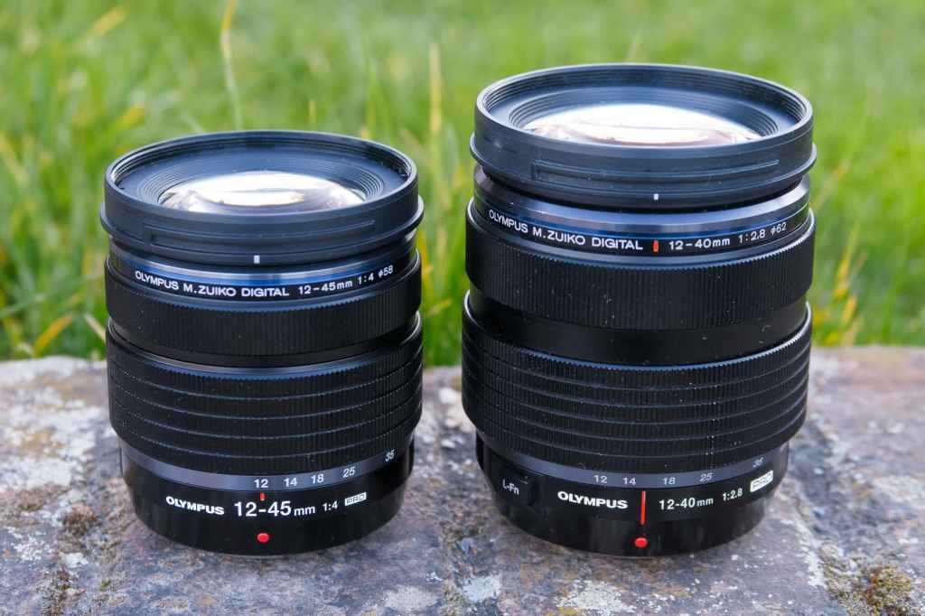 Olympus M.Zuiko Digital ED 12-45mm F4 Pro and Olympus 12-40mm 2.8 Pro lens side by side