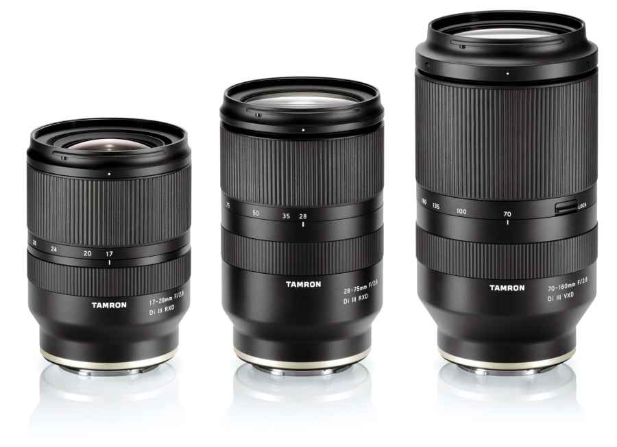 Three black Tamron lenses: 70-180mm (left), 28-75mm (middle) and 17-28mm (right)