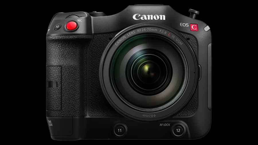 Canon EOS C70 camera in black from a frontal view