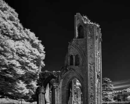 Black and white capture of castle ruins