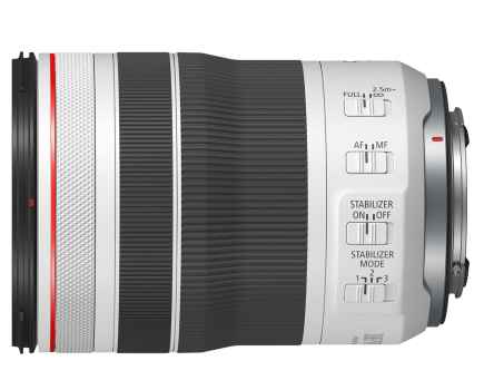 Canon RF 70 200mm black and silver camera lens, side view