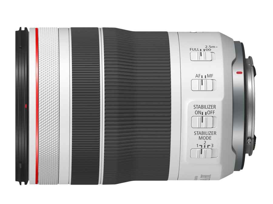 Canon RF 70 200mm black and silver camera lens, side view