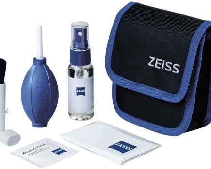 Zeiss lens cleaning kit laid out with a white backdrop