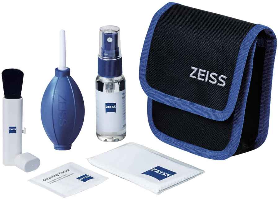 Zeiss lens cleaning kit laid out with a white backdrop