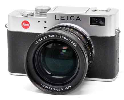 Black and silver Leica camera angled left