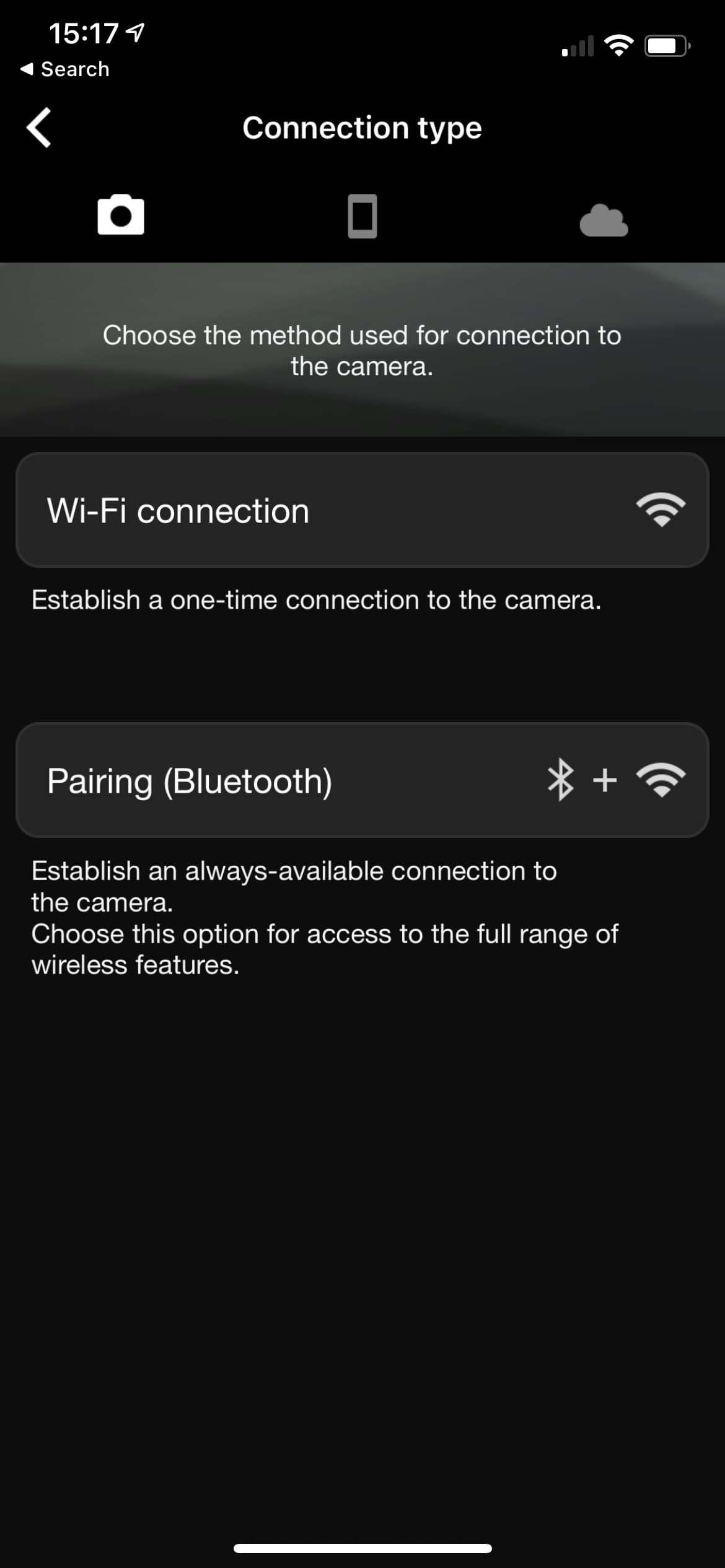 Selecting the connection type so you can connect your phone to a Nikon camera