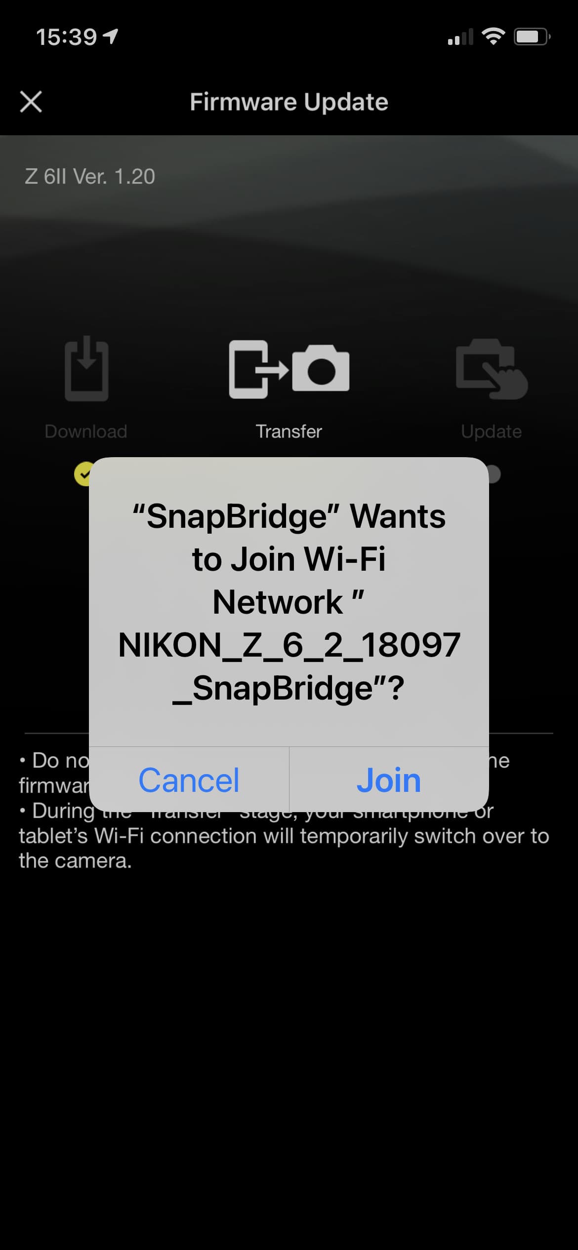 Firmware update process using Nikon Snapbridge