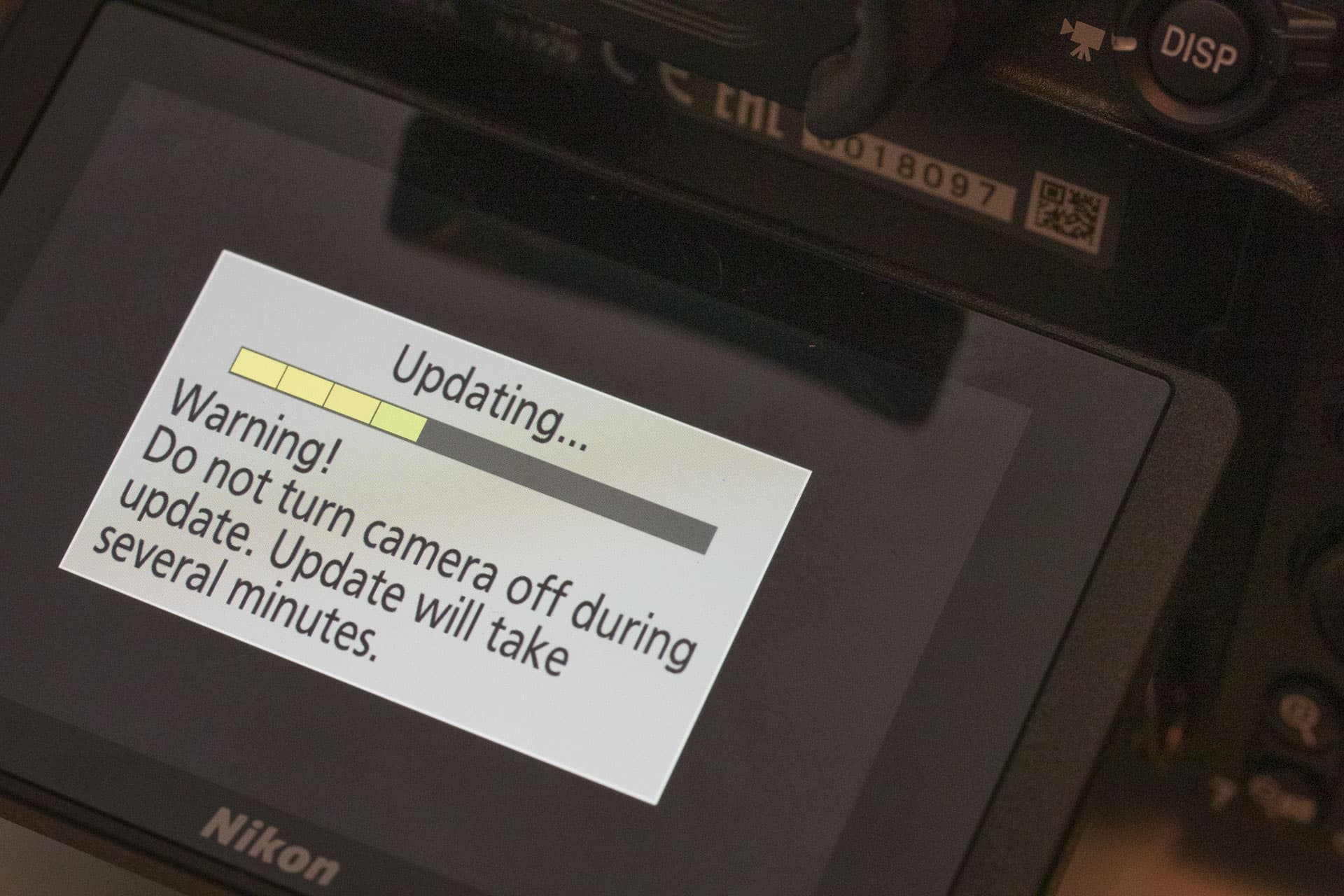 Nikon firmware update, warning screen, make sure you do not turn your camera off during the update.