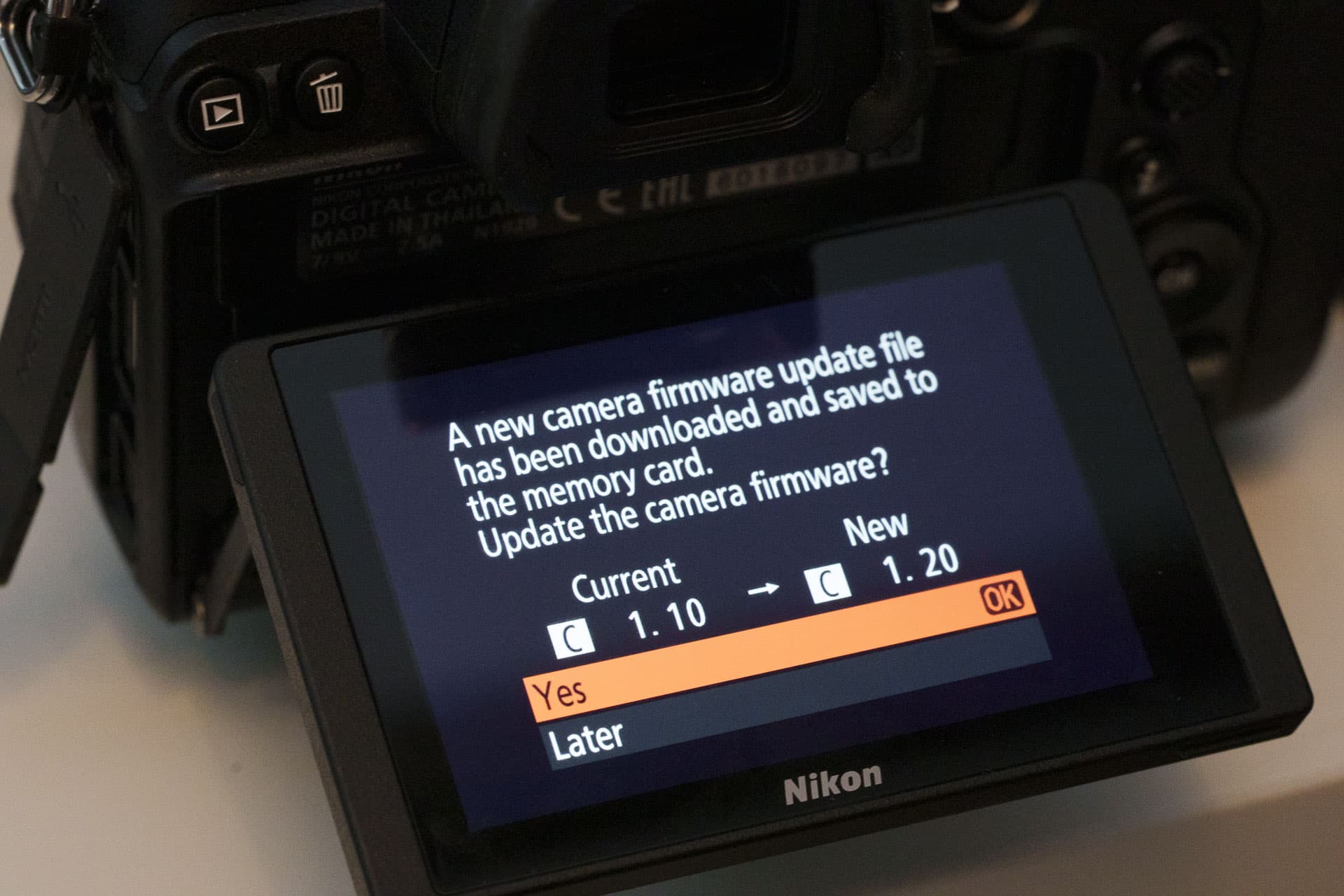 A new camera firmware update file has been downloaded and saved to the memory card. 
