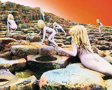 Blonde people climbing up a rock with a vibrant colour effect