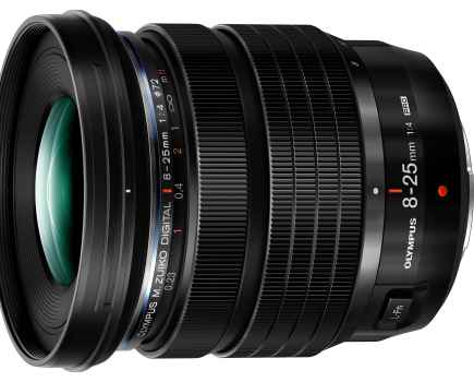 Olympus 8 25 F4 Pro black lens, side view