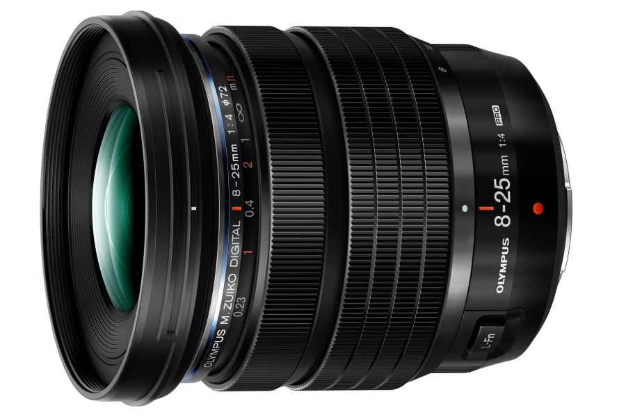 Olympus 8 25 F4 Pro black lens, side view