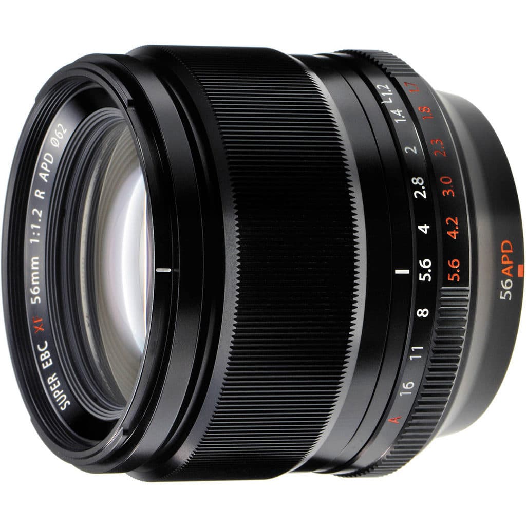 Black Fujifilm XF 56mm F1.2 lens facing left