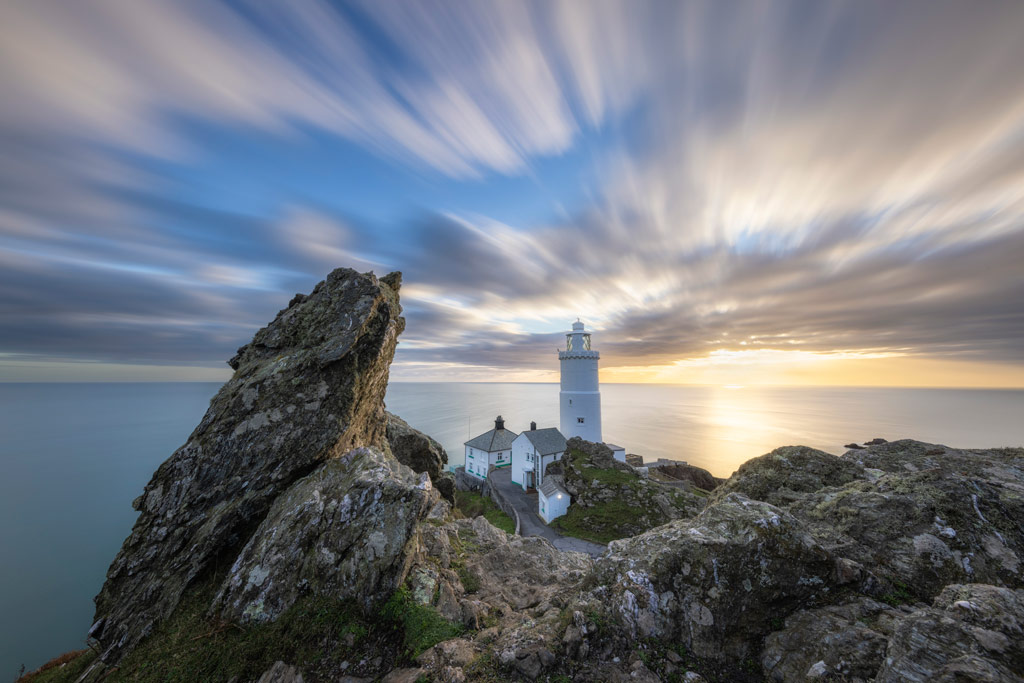 Start Point Lighthouse at sunrise, South Hams, Devon, England, UK