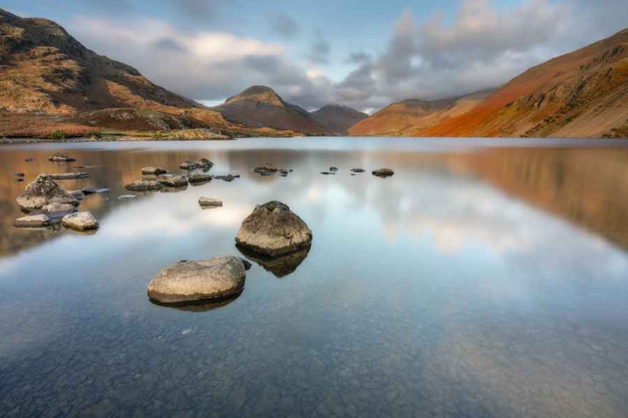 Wastwater in the Lake District at sunset, mountains and clear still water