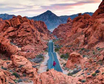 shot of a straight dark road running between a red sandy rocky terrain