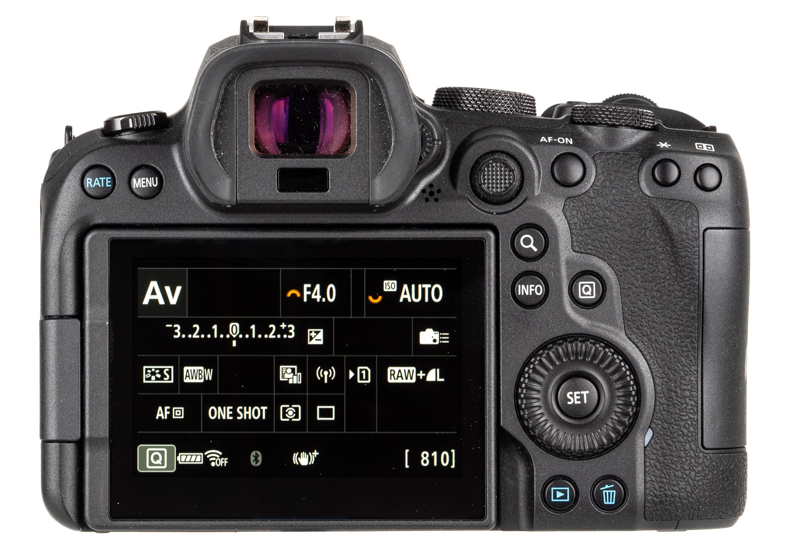 Canon EOS R6 back, with LCD active showing exposure settings