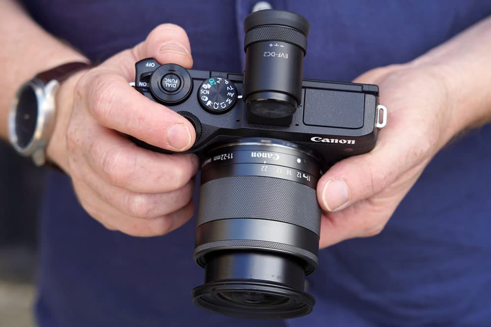 Best small mirrorless cameras: Canon EOS M6 Mark II with lens and optional EVF