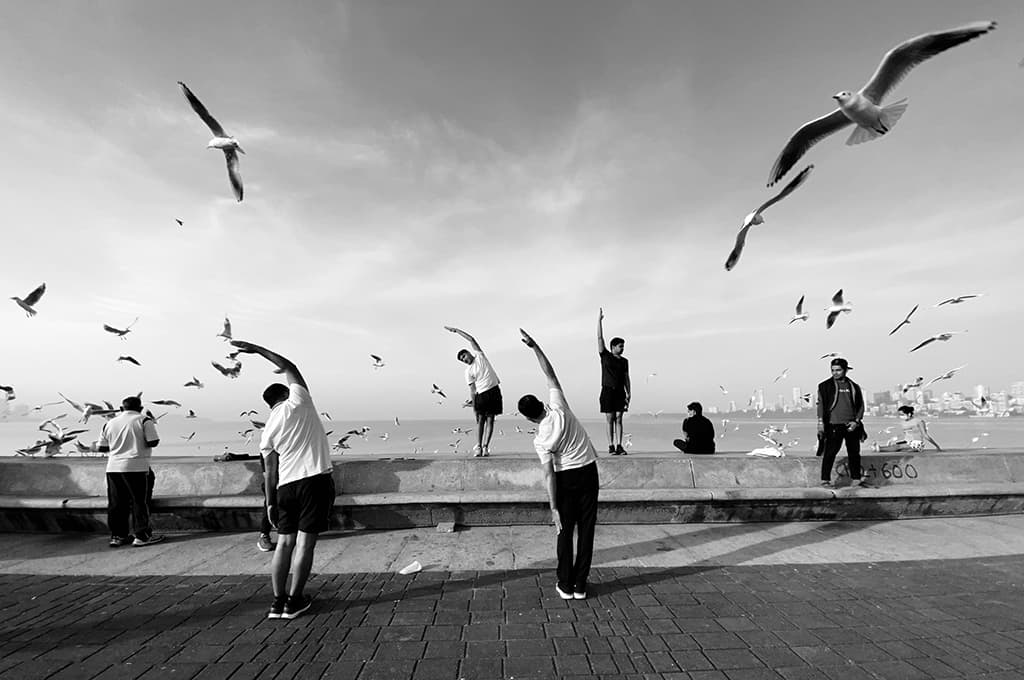 yoga on the street, seagulls flying smartphone