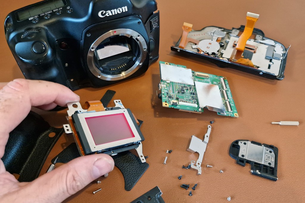 Broken Canon EOS 5D DSLR - it's probably best not to try this at home. Image: JW