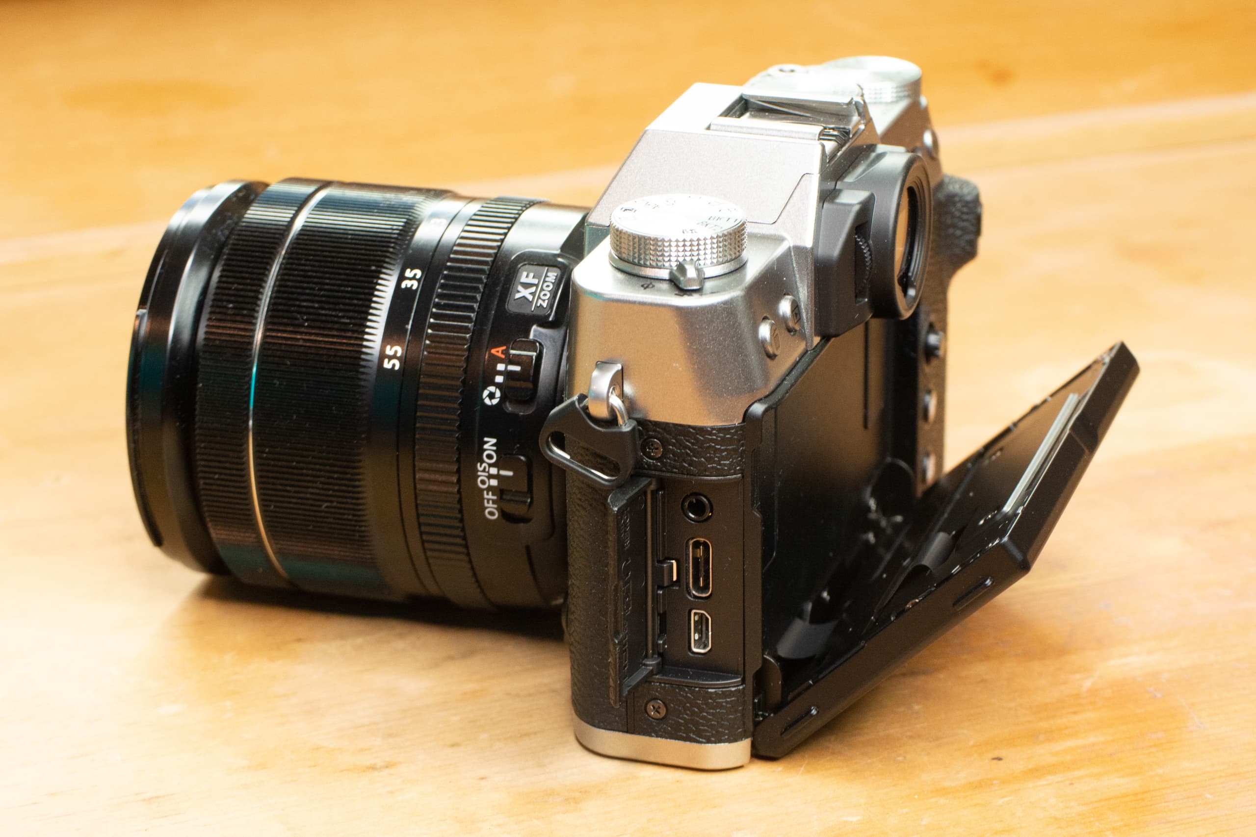 Fujifilm X-T30 II side ports, including 2.5mm microphone, USB-C, and HDMI