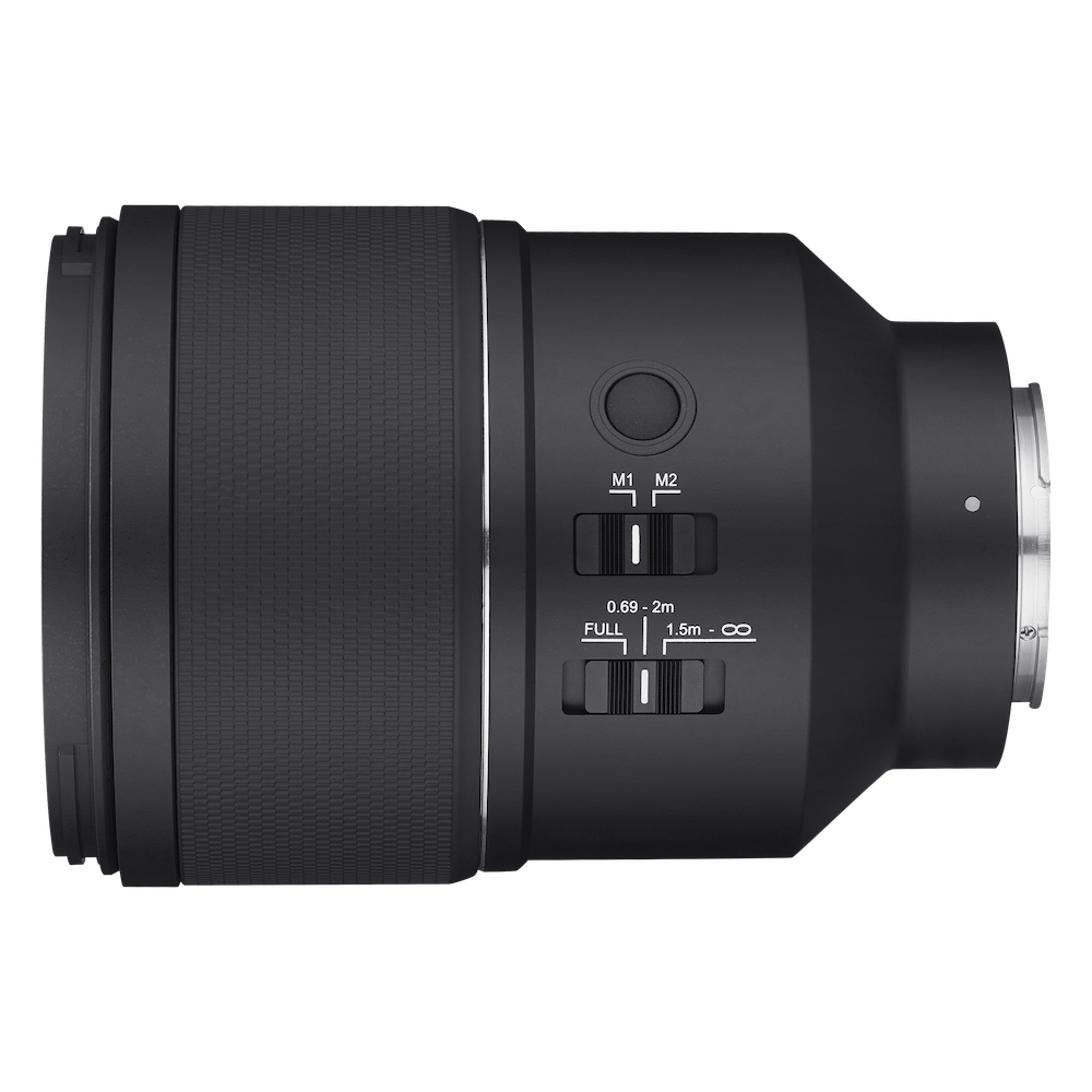 Side view of the Samyang AF 135mm F1.8 FE lens with Focus Range Limiter switch at the bottom