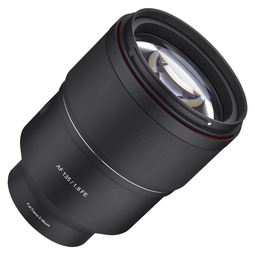 op angle view of the Samyang AF 135mm F1.8 FE showing the front glass
